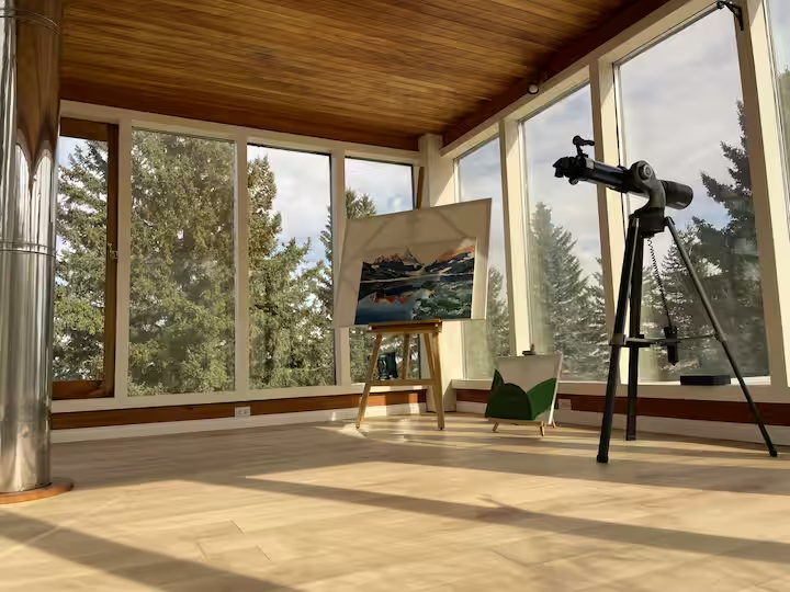 Sunroom with easel and telescope